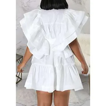 Ecirod Women Short Sleeve Casual Summer Dress V Neck Tie Waist Ruffle A Line Mini Dresses White