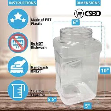 CSBD 1-Gallon Clear Plastic Jars With Ribbed Liner Screw On Lids, BPA Free, PET Plastic, Made In USA, Bulk Storage Containers 2-Pack (1-Gallon (Square))