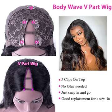 Matthia V Part Wig Body Wave Wigs Upgrade U Part Half Wigs for Black Women, 24inch Black Synthetic Glueless V Part Wig No Leave Out Clip in Extensions Thin Part Wig V Shape Wig Beginner Friendly(1B#)