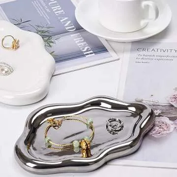 BIGPIPI Ceramic Jewelry Tray Dish for Ring Key Trinket, Cute Cloud Shape Decorative Jewelry Plate Holder Room Decor Aesthetic Gift (Silver)