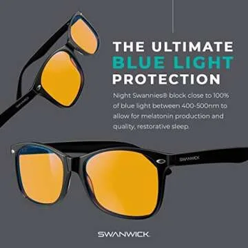 Swanwick CLASSIC NIGHT - Blue Light Blocking Glasses for Women, Men. Sleep Aid, Anti Eyestrain Headache for Computer, Gaming, TV, UV Glare w/FREE $497 Training Course (Large, Black)