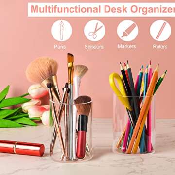 2 Pieces Clear Acrylic Pen Holder Round & Pencil Cup Clear Makeup Bush Holder Acrylic Desktop Stationery Organizer for Office, School, Home, Desk Accessories - 2 Pack, Round