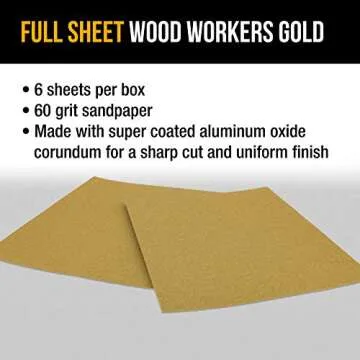Dura-Gold Premium 9" x 11" Gold Sandpaper Sheets, 60 Grit (Box of 6) - Wood Furniture Woodworking, Automotive Paint - Full-Size Cut to Use on 1/4, 1/3, 1/2 Sheet Finishing Sanders, Hand Sanding Block