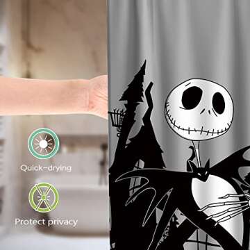 Jack Skull Moonlight Madness Theme Fabric Happy Halloween Shower Curtain Sets Kids Bathroom Halloween Decor with Hooks Waterproof Washable 72 x72 inches Black and White