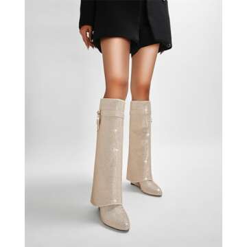 CAGLGLZ Womens Boots Knee High Boots Women Pointed Folding Wedge Heel Boots for Women Glitter Rhines...