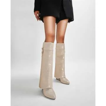 CAGLGLZ Womens Boots Knee High Boots Women Pointed Folding Wedge Heel Boots for Women Glitter Rhines...