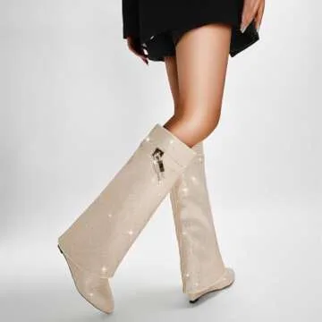 CAGLGLZ Womens Boots Knee High Boots Women Pointed Folding Wedge Heel Boots for Women Glitter Rhinestone Boots Padlock Pointed Toe Pull-On High Boots(8.5,Apricot)