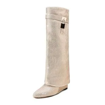 CAGLGLZ Womens Boots Knee High Boots Women Pointed Folding Wedge Heel Boots for Women Glitter Rhinestone Boots Padlock Pointed Toe Pull-On High Boots(8.5,Apricot)