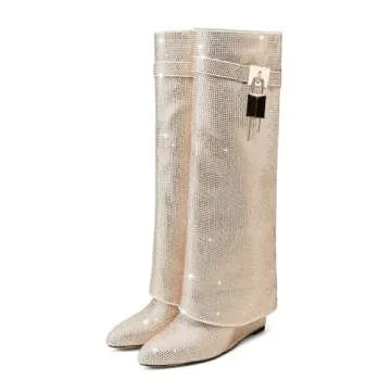 CAGLGLZ Womens Boots Knee High Boots Women Pointed Folding Wedge Heel Boots for Women Glitter Rhinestone Boots Padlock Pointed Toe Pull-On High Boots(8.5,Apricot)