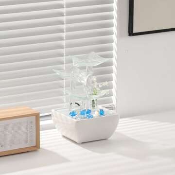 Ceramic and Glass Tabletop Fountain for Indoor and Home Decoration Table Desk Office Patio White