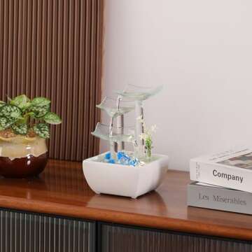 Ceramic and Glass Tabletop Fountain for Indoor and Home Decoration Table Desk Office Patio White