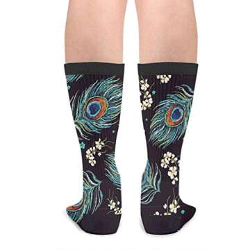 YISHOW Peacock Feathers Cherry Blossom Branches Unisex Novelty Socks, Funny Funky Crazy Cool Crew Dress Socks