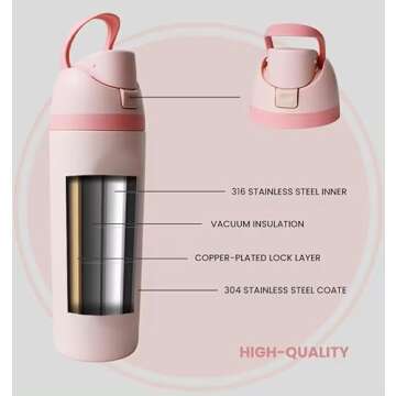 Generic Free-Sip Water Bottles - 20 oz, Insulated Stainless Steel Water Bottle with Straw for Sports and Travel, BPA-Free, Pink color