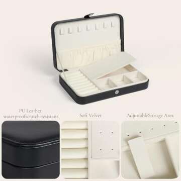 Hatori Travel Jewelry Case for Women, Portable PU Leather Travel Jewelry Organizer Box for Necklace Earrings Ring Bracelet, Small Jewelry Box Gifts for Teen, Girls, Moms and Daughters, Black.