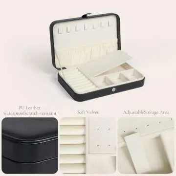 Hatori Travel Jewelry Case for Women, Portable PU Leather Travel Jewelry Organizer Box for Necklace Earrings Ring Bracelet, Small Jewelry Box Gifts for Teen, Girls, Moms and Daughters, Black.