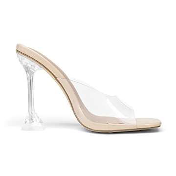 DREAM PAIRS Women's Clear Heels Square Toe High Stiletto Mules Slip on Wedding Dress Heel Sandals,Size 8.5,Nude/Clear