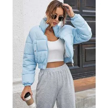 Gihuo Womens Cropped Quilted Puffer Jacket Lightweight Padded Coat Warm Puffy Coat Zip UP Bubble Coats with Pockets(Blue-XS)