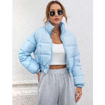Gihuo Womens Cropped Quilted Puffer Jacket Lightweight Padded Coat Warm Puffy Coat Zip UP Bubble Coats with Pockets(Blue-XS)