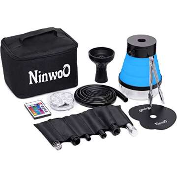 Hookah Set – Premium NinwoO Portable Hookah with Protective Bag Case – Best Travel Shisha with LED Light Remote Controller and Stable Adjustable Vase - Better Filtration with Diffuser (Blue)