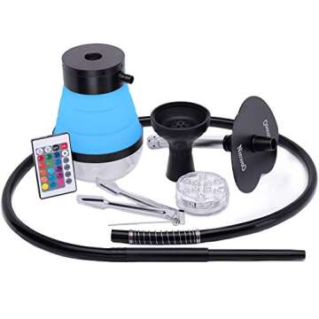 Hookah Set – Premium NinwoO Portable Hookah with Protective Bag Case – Best Travel Shisha with LED Light Remote Controller and Stable Adjustable Vase - Better Filtration with Diffuser (Blue)