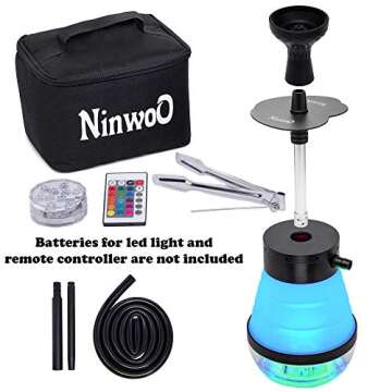Hookah Set – Premium NinwoO Portable Hookah with Protective Bag Case – Best Travel Shisha with LED Light Remote Controller and Stable Adjustable Vase - Better Filtration with Diffuser (Blue)