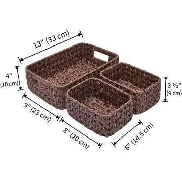 GRANNY SAYS Wicker Baskets for Organizing, Nesting Storage Baskets for Shelves, 1 Large and 2 Small Wicker Baskets Waterproof, Brown, 3-Pack