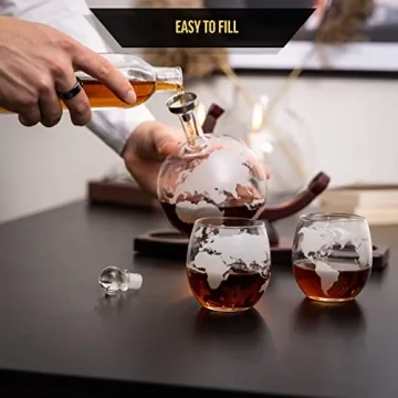 Moho Premium Whiskey Decanter Gift Set, Handmade Globe Decanter Set, 2 Glasses, Ship In a Bottle, Perfect Gift, Man Cave Decor, Bourbon, Scotch, Glass Globe Tequila Decanter, Includes 9 Stones