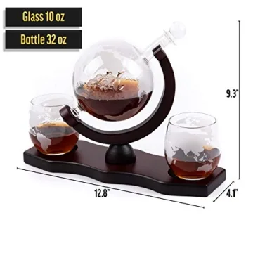 Moho Premium Whiskey Decanter Gift Set, Handmade Globe Decanter Set, 2 Glasses, Ship In a Bottle, Perfect Gift, Man Cave Decor, Bourbon, Scotch, Glass Globe Tequila Decanter, Includes 9 Stones