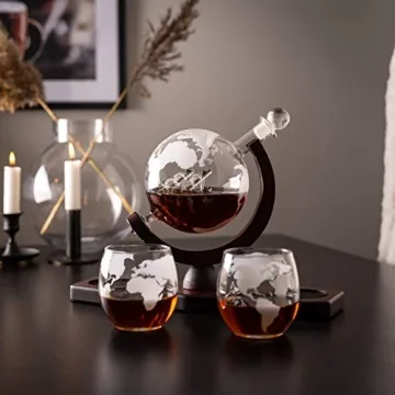 Moho Premium Whiskey Decanter Gift Set, Handmade Globe Decanter Set, 2 Glasses, Ship In a Bottle, Perfect Gift, Man Cave Decor, Bourbon, Scotch, Glass Globe Tequila Decanter, Includes 9 Stones