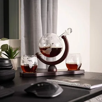 Moho Premium Whiskey Decanter Gift Set, Handmade Globe Decanter Set, 2 Glasses, Ship In a Bottle, Perfect Gift, Man Cave Decor, Bourbon, Scotch, Glass Globe Tequila Decanter, Includes 9 Stones