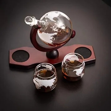 Moho Premium Whiskey Decanter Gift Set, Handmade Globe Decanter Set, 2 Glasses, Ship In a Bottle, Perfect Gift, Man Cave Decor, Bourbon, Scotch, Glass Globe Tequila Decanter, Includes 9 Stones