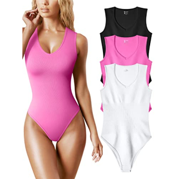 OQQ Women's 3 Piece Bodysuits Sexy Ribbed V Neck Sleeveless Tank Tops