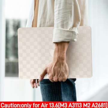 BYCeKe Compatible with MacBook Air 13.6 inch Case 2022 2023 2024 Release M3 A3113 M2 A2681, Checkered Textured Cream Leather Hard Shell Case&Keyboard Cover for Mac Air 13.6 Laptop, Beige Checkerboard