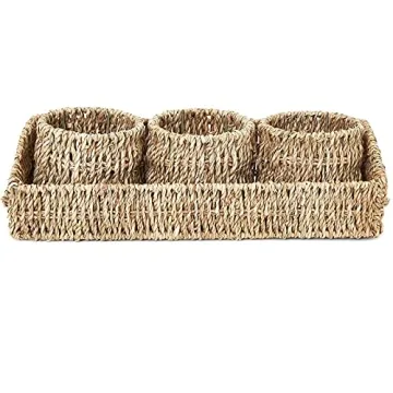Set of 3 Wicker Round Storage Baskets for Shelves with Rectangular Seagrass Tray (Brown)