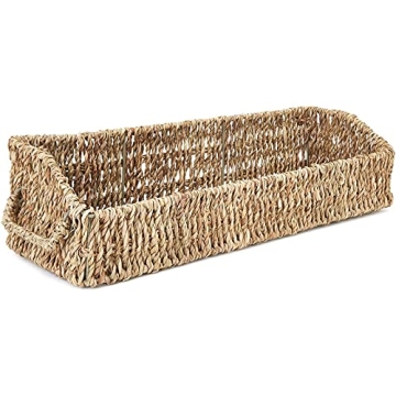 Set of 3 Wicker Round Storage Baskets for Shelves with Rectangular Seagrass Tray (Brown)
