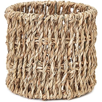 Set of 3 Wicker Round Storage Baskets for Shelves with Rectangular Seagrass Tray (Brown)