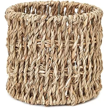 Set of 3 Wicker Round Storage Baskets for Shelves with Rectangular Seagrass Tray (Brown)