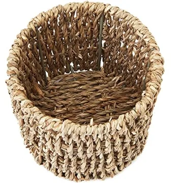 Set of 3 Wicker Round Storage Baskets for Shelves with Rectangular Seagrass Tray (Brown)