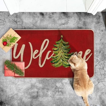 Artoid Mode Red Xmas Tree Welcome Doormat Indoor Outdoor