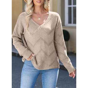 EVALESS Women's Khaki Crochet Pullover V Neck Sweater - Fashionable & Cozy