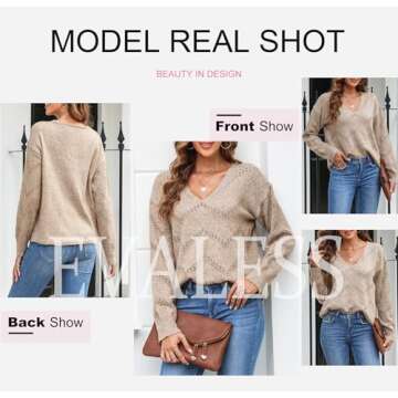 EVALESS Women’s Cozy Khaki Crochet Pullover Sweater