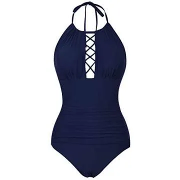 Firpearl Women's One Piece Swimsuits Tummy Control Halter Slimming Bathing Suit Long Torso Swimwear US10 Navy