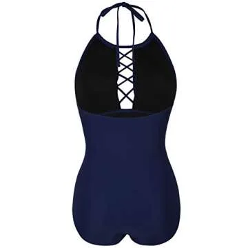 Firpearl Women's One Piece Swimsuits Tummy Control Halter Slimming Bathing Suit Long Torso Swimwear US10 Navy