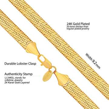 LIFETIME JEWELRY 9mm Flexible Herringbone Chain Necklace 24k Real Gold Plated (16 inches, Gold)