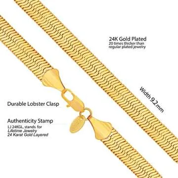 LIFETIME JEWELRY 9mm Flexible Herringbone Chain Necklace 24k Real Gold Plated (16 inches, Gold)
