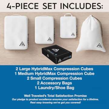 4-Piece Deluxe Compression Packing Cubes Travel - Maximize Space In Luggage With Double Capacity Design, Luxury Compressible Packing Cubes For Travel, Large, Small, & Medium Set