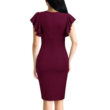 Knitee Women's Deep-V Neck Ruffle Sleeves Cocktail Party Pencil Slit Formal Dress (A-Wine, Medium)