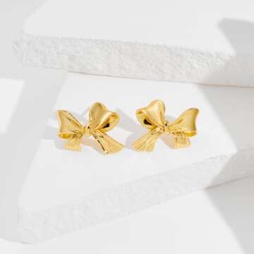 Gold Bow Earrings for Women Chunky Bow Earrings Bowknot Earrings Fashion Jewelry