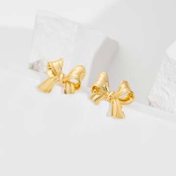 Gold Bow Earrings for Women Chunky Bow Earrings Bowknot Earrings Fashion Jewelry
