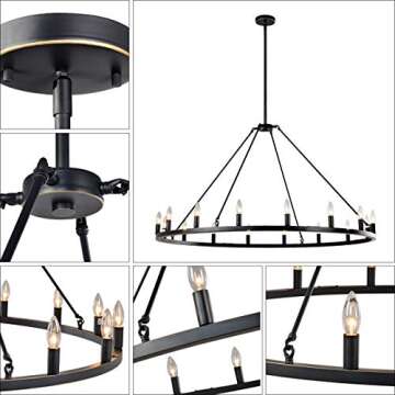 7 PANDAS 50 inch Wagon Wheel Chandelier, 16-Lights Modern Farmhouse Island Light Industrial Country Style Large Round Rustic Chandeliers Lighting for High Ceilings Dining Room, Dark Brown